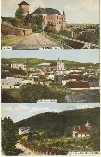 Schloss Sternberg i. M(ähren). - Schloss und Kirche - Partie aus dem Duschbadtal