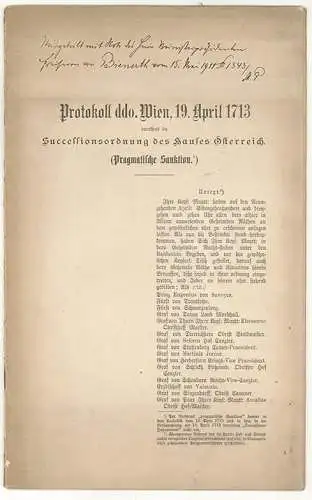 Protokoll ddo. Wien, 19. April 1713 betreffend die Successionsordnung des Hauses