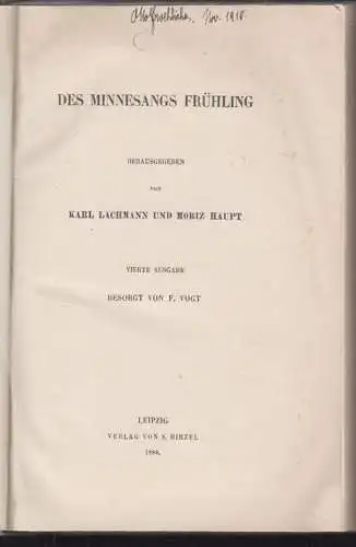 Des Minnesangs Frühling. LACHMANN, Karl - HAUPT, Moriz (Hrsg.).
