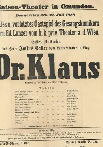 Saison-Theater in Gmunden. Freitag den 13. September 1889. Auf allgemeines Verla