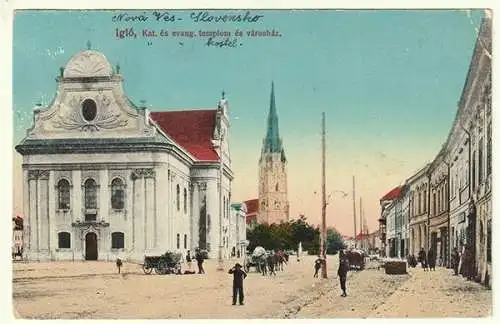Igló, Kat. és evang. templom és városház.