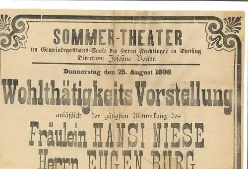 Sommer-Theater im Gemeindegasthaus-Saale des Herrn Feichtinger in Speising. Dire