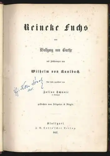 Reineke Fuchs. Mit Zeichnungen von Wilhelm von Kaulbach. Auf Holz gezeic 0806-24