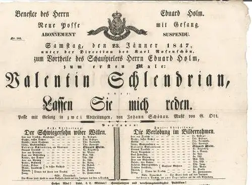 Benefice des Herrn Eduard Holm. Neue Posse mit Gesang. Abonnement suspendu. Sams