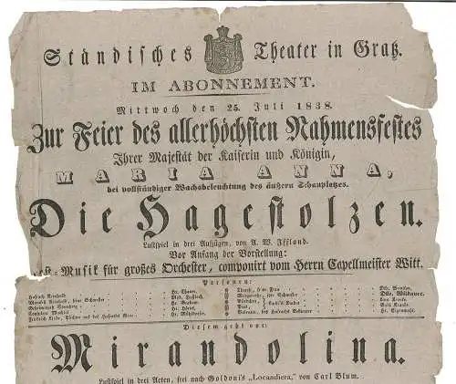 Ständisches Theater in Graz. Am Abonnement. Mittwoch den 25. Juli 1838. Zur Feie