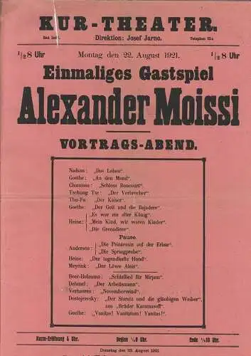 Kur-Theater. Direktion: Josef Jarno. Montag den 22. August 1921. 1/2 8 Uhr. Einm