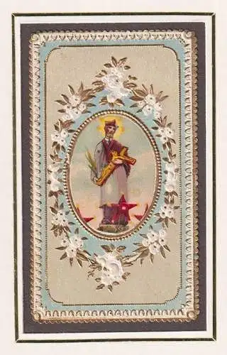 Chromolithographische Applikation auf gold-blau reliefgeprägter Karte.