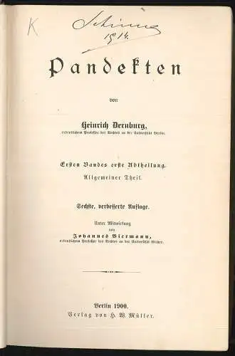 Pandekten. Unter Mitwirkung von Johannes Biermann. DERNBURG, Heinrich.