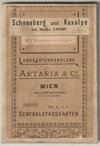 Karte der Raxalpe im Maße 1: 40.000. Mit Wegmarkierungen.