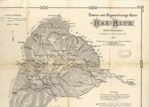 Distanz- u. Wegmarkirungs-Karte der Rax-Alpe [ca. 1:50.000]. SILBERHUBER, Anton.