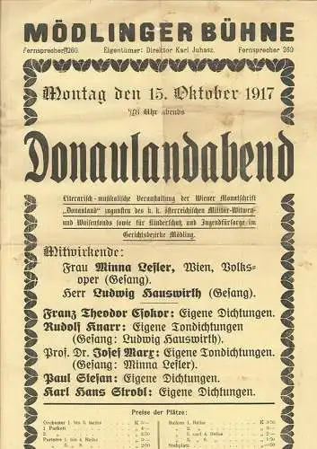 Mödlinger Bühne. Eigentümer: Direktor Karl Juhasz. Montag den 15. Oktober 1917.