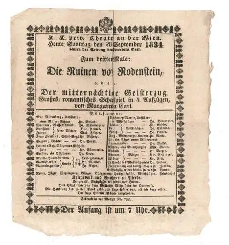 K. k. priv. Theater an der Wien. Heute Sonntag den 28. September 1834. Unter der