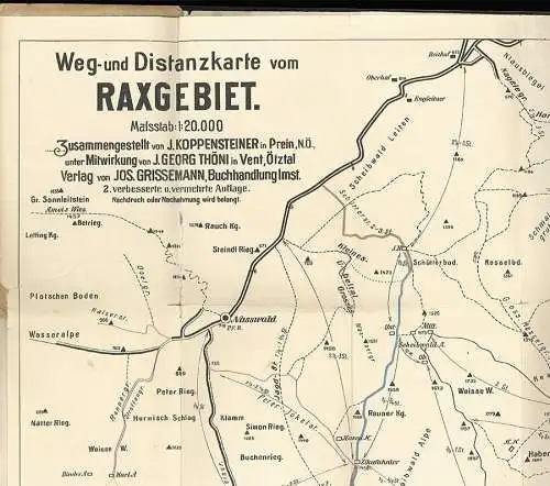 Weg- und Distanzkarte vom Raxgebiet. Maßstab 1: 20.000. KOPPENSTEINER, J. - THÖN