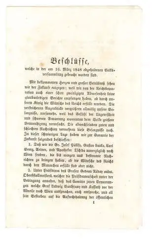 Beschlüsse. welche in der am 16. März 1848 abgehaltenen Volksversammlung gebrach