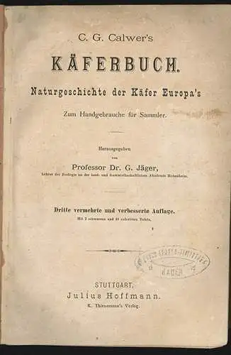 Käferbuch. Naturgeschichte der Käfer Europa`s. Zum Handgebrauche für Sammler. CA