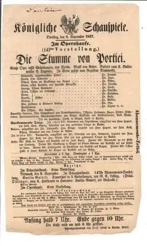 Königliche Schauspiele. Dienstag, den 8. Setember 1857. Im Opernhause. (142ste V