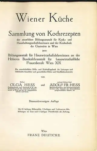 Wiener Küche. Sammlung von Kochrezepten der staatlichen Bildungsanstalt für Koch