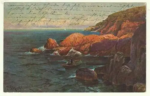 [Felsige Küste mit Ruderboot].