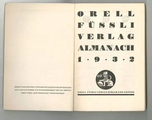 Orell Füssli Verlag. Almanach 1932. [Schmutztitel mit Zusatz: Gute Bücher werden