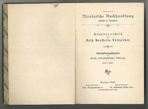 Nicolaische Buchhandlung. Borstell & Reimarus. Gegründet 1713. Hauptverzeichnis 