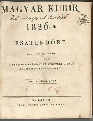 Magyar kurir 1826-dik esztendöre.