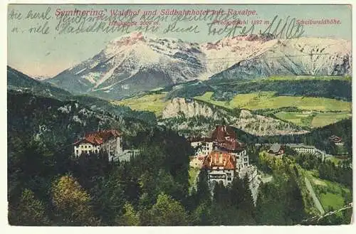 Semmering. Waldhof und Südbahnhof mit Raxalpe.