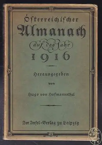 Österreichischer Almanach auf das Jahr 1916. HOFMANNSTHAL, Hugo v. (Hrsg.).