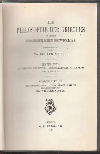 Die Philosophie der Griechen in ihrer geschichtlichen Entwicklung. ZELLER, Eduar