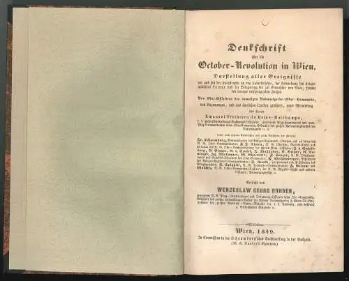 DUNDER, Denkschrift über die Wiener... 1849