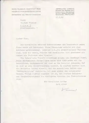 Maschinschriftl. Brief mit eigenhänd. Signatur. LORENZ, Konrad (1903-1989) öster