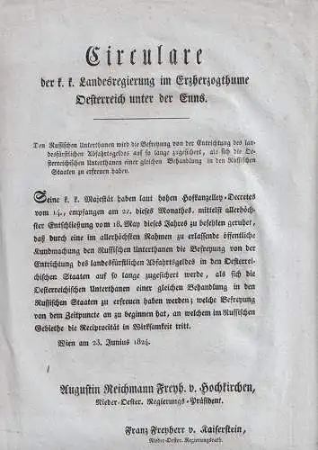 Circulare der k. k. Landesregierung im Erzherzogthume Oesterreich unter der Enns