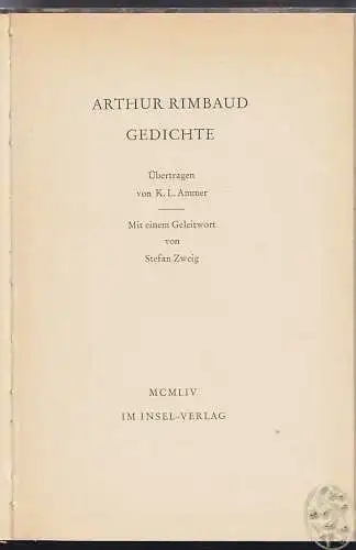 RIMBAUD, Gedichte. Übertr. von K. L. Ammer. Mit... 1954