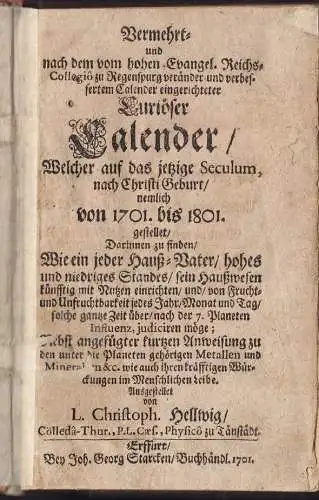 HELLWIG, Vermehrt- und nach dem vom hohen... 1701