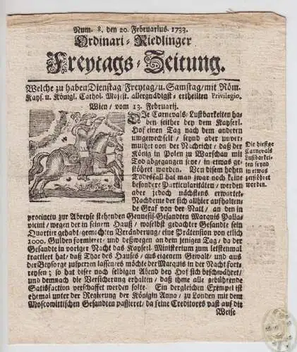 Ordinari-Riedlinger Freytags-Zeitung. Welche zu haben Dienstag/Freytag / u. Sams