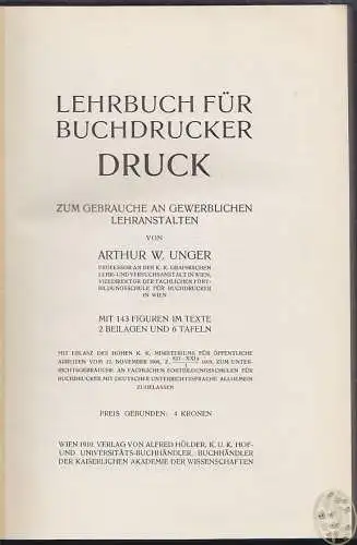 Lehrbuch für Buchdrucker. UNGER, Arthur W.