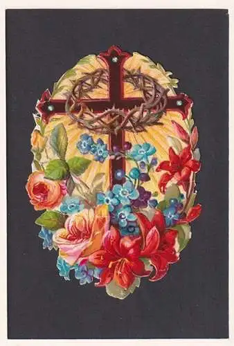 Flach reliefgeprägte Chromolithographie.