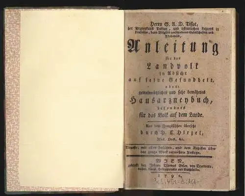 [Herrn S. A. D. Tissot ... Anleitung für das Landvolk in Absicht auf seine Gesun