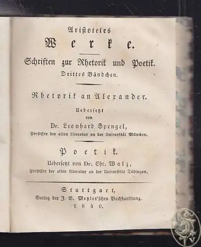 ARISTOTELES., Werke. Schriften zur Rhetorik und... 1835