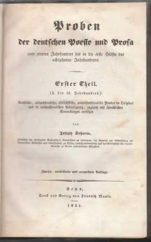 KEHREIN, Proben der deutschen Posie und Prosa... 1850