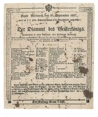 Heute Mittwoch den 26. September 1827, wird im k. k. priv. Schauspielhause in de