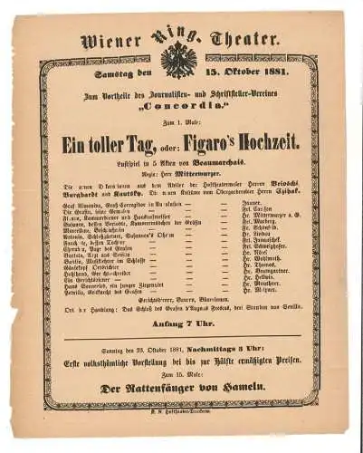 Wiener Ring-Theater. Samstag den 15. Oktober 1881. Zum Vortheile der Journaliste