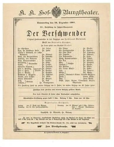 K. k. Hof-Burgtheater. Sonntag den 26. Dezember 1901. 281. Vorstellung im Jahres