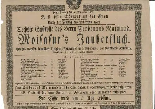 Heute Freytag den 5. November 1830. K. k. priv. Theater an der Wien (gepachtet v