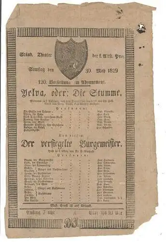 Ständ. Theater der k. Altst. Prag. Samstag den 30. May 1829. 120. Vorstellung im