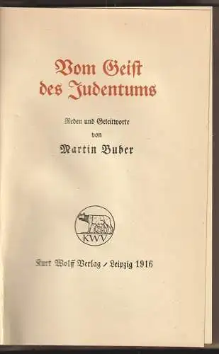 Vom Geist des Judentums. BUBER, Martin.