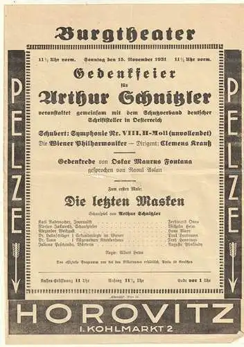 Gedenkfeier für Arthur Schnitzler veranstaltet gemeinsam mit dem Schutzverband d