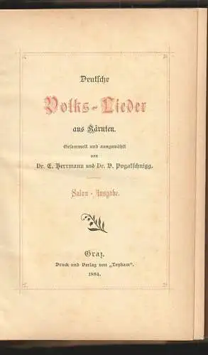 Deutsche Volks-Lieder aus Kärnten. Gesammelt und ausgewählt. HERRMANN, E. - POGA