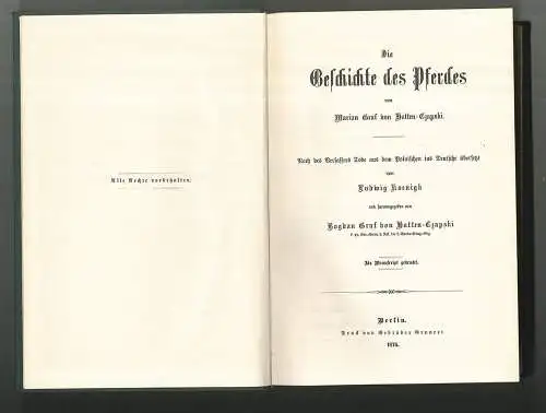 Die Geschichte des Pferdes von Marian Graf von Hutten-Czapski. KOENIGK, Ludwig (