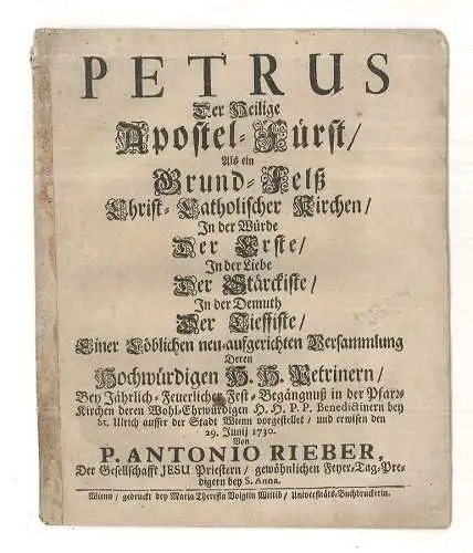 Petrus der Heilige Apostel-Fürst als ein Grund-Felß Christ-Katholischer Kirchen 