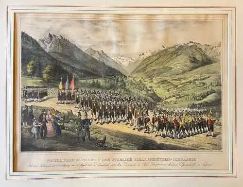 Feierlicher Aufmarsch der Stubaier Scharfschützen-Compagnie. Mit ihrer Feldmusik